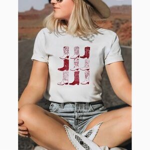 Cowboy Boots Western Graphic Tee White Red Pink